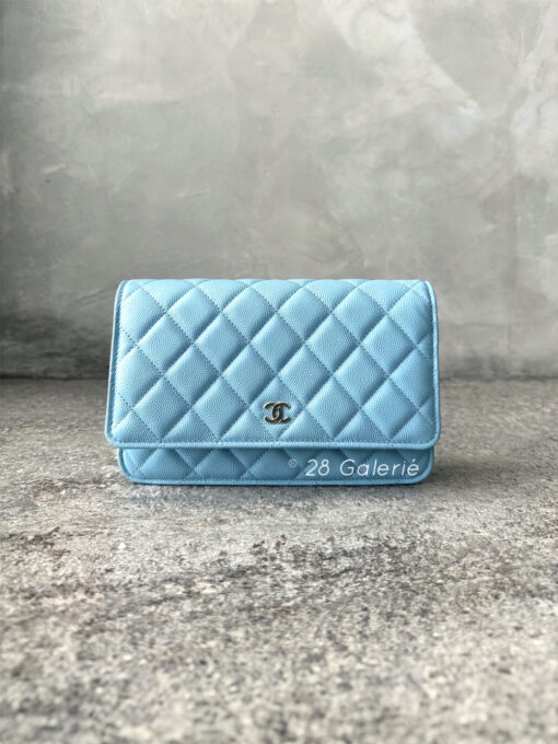 Chanel 22s Blue Wallet on Chain in Caviar Leather and Light Gold Hardware