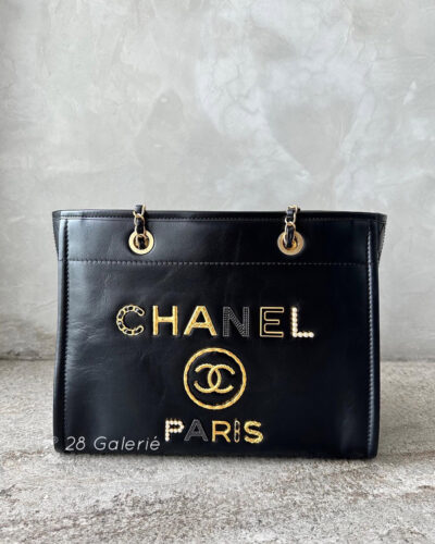 Chanel Small Limited Edition Deauville Leather Paris Tote in Shiny Calfskin Leather Imitation Pearl, Black Strass and Gold Metal Hardware