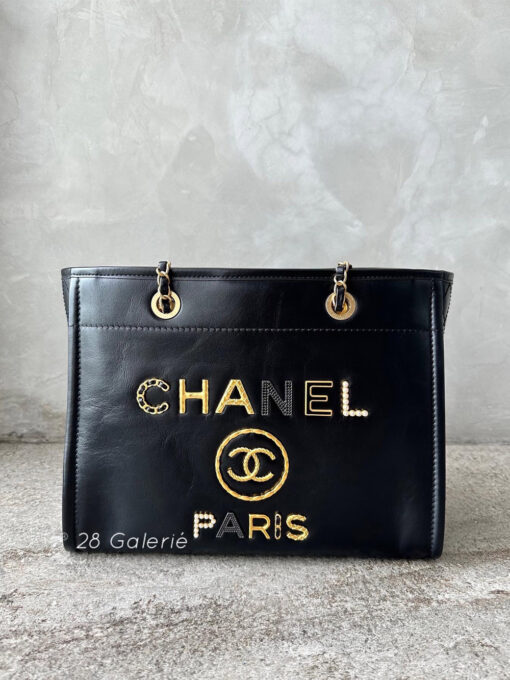 Chanel Small Limited Edition Deauville Leather Paris Tote in Shiny Calfskin Leather Imitation Pearl, Black Strass and Gold Metal Hardware