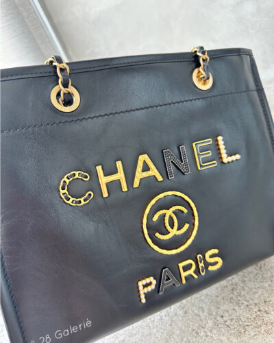 Chanel Small Limited Edition Deauville Leather Paris Tote in Shiny Calfskin Leather Imitation Pearl, Black Strass and Gold Metal Hardware