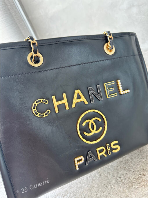 Chanel Small Limited Edition Deauville Leather Paris Tote in Shiny Calfskin Leather Imitation Pearl, Black Strass and Gold Metal Hardware