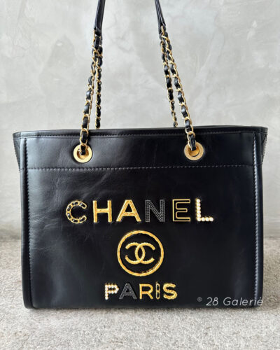 Chanel Small Limited Edition Deauville Leather Paris Tote in Shiny Calfskin Leather Imitation Pearl, Black Strass and Gold Metal Hardware