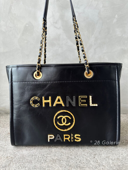 Chanel Small Limited Edition Deauville Leather Paris Tote in Shiny Calfskin Leather Imitation Pearl, Black Strass and Gold Metal Hardware