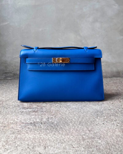 Hermes Blue France Kelly Pochette in Swift Leather and Gold Hardware