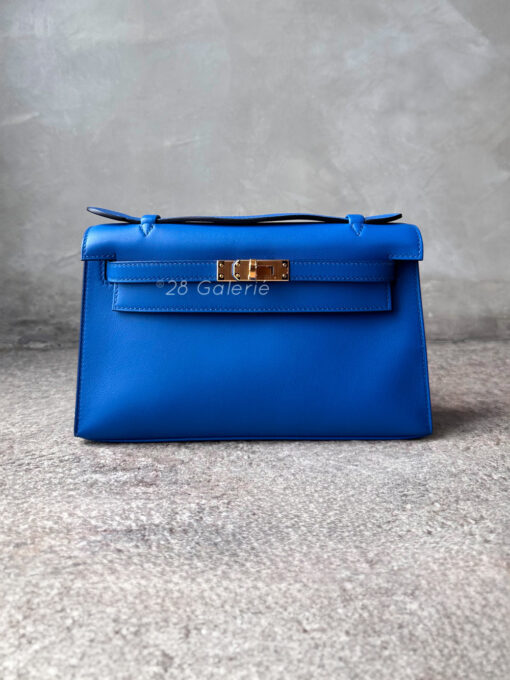 Hermes Blue France Kelly Pochette in Swift Leather and Gold Hardware