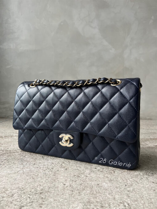 Chanel Medium Navy Classic Flap in Caviar Leather and Light Gold Hardware