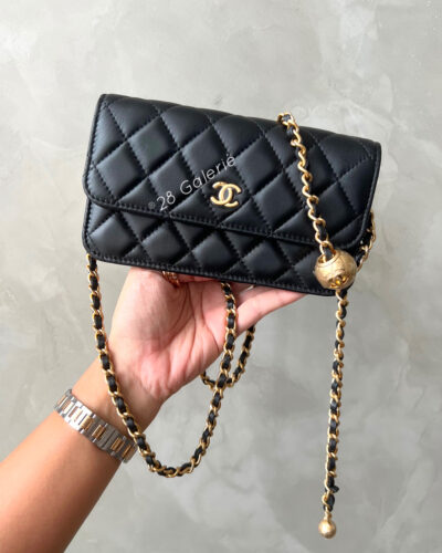 Chanel 23C Black Mini Pearl Crush Phone Holder in Lambskin Leather And Aged Gold Hardware