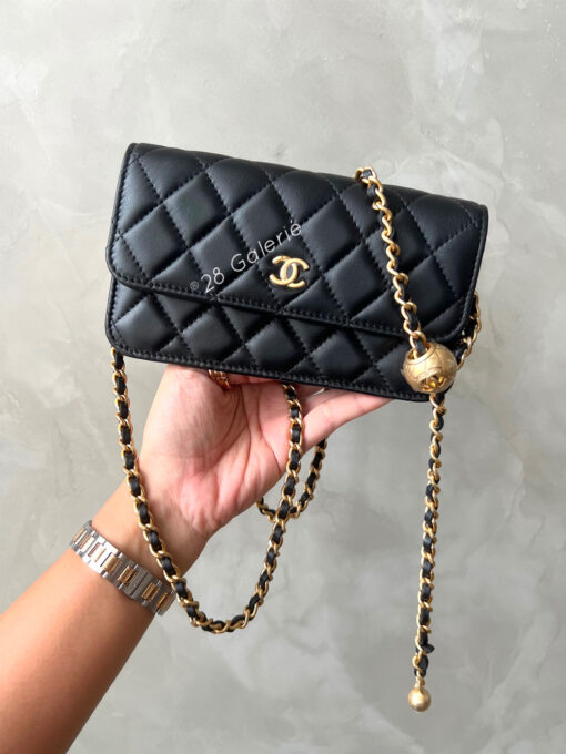 Chanel 23C Black Mini Pearl Crush Phone Holder in Lambskin Leather And Aged Gold Hardware