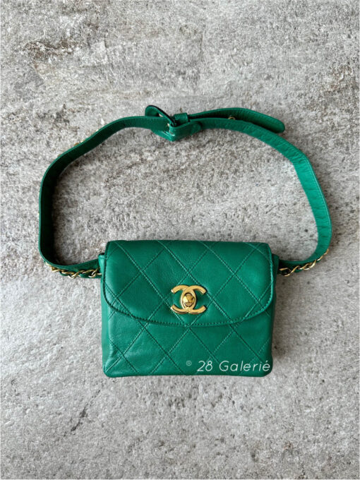 Chanel Vintage Pre-Serial Crayon Green Waist Bag in Lambskin Leather and 24k Gold Hardware