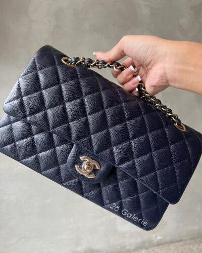 Chanel Medium Navy Classic Flap in Caviar Leather and Light Gold Hardware