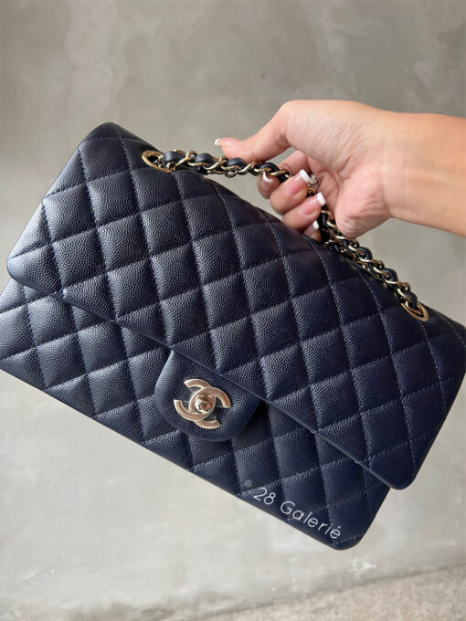 Chanel Medium Navy Classic Flap in Caviar Leather and Light Gold Hardware