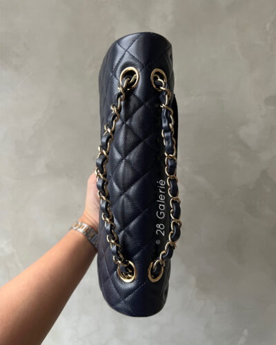 Chanel Medium Navy Classic Flap in Caviar Leather and Light Gold Hardware