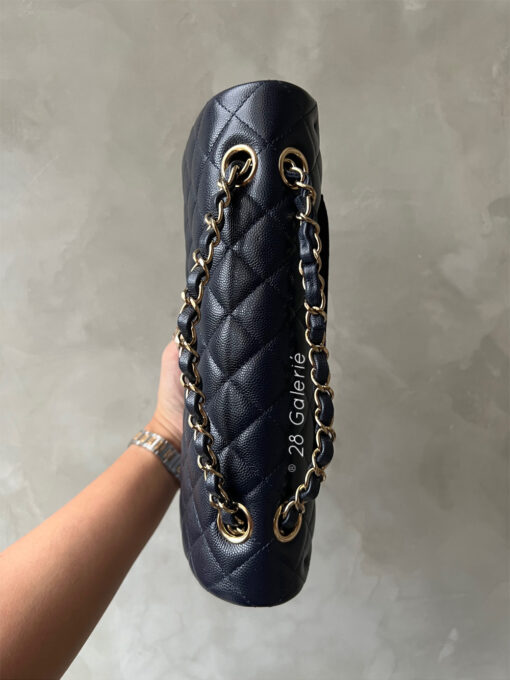 Chanel Medium Navy Classic Flap in Caviar Leather and Light Gold Hardware