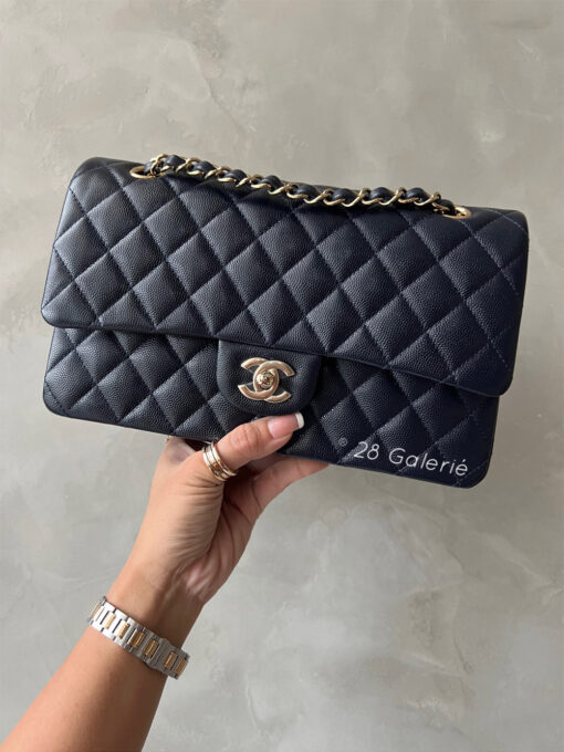 Chanel Medium Navy Classic Flap in Caviar Leather and Light Gold Hardware