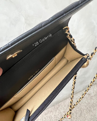 Chanel 23C Black Mini Pearl Crush Phone Holder in Lambskin Leather And Aged Gold Hardware