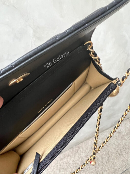 Chanel 23C Black Mini Pearl Crush Phone Holder in Lambskin Leather And Aged Gold Hardware