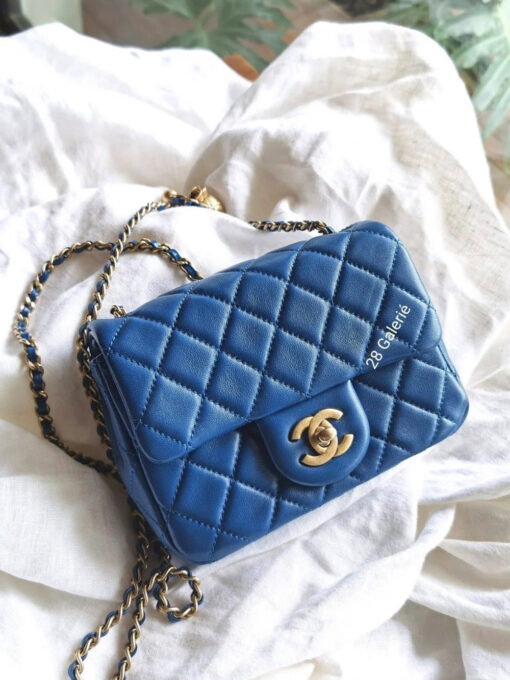 Chanel Royal Blue Pearl Crush Mini Square in Lambskin Leather and Aged Gold Hardware