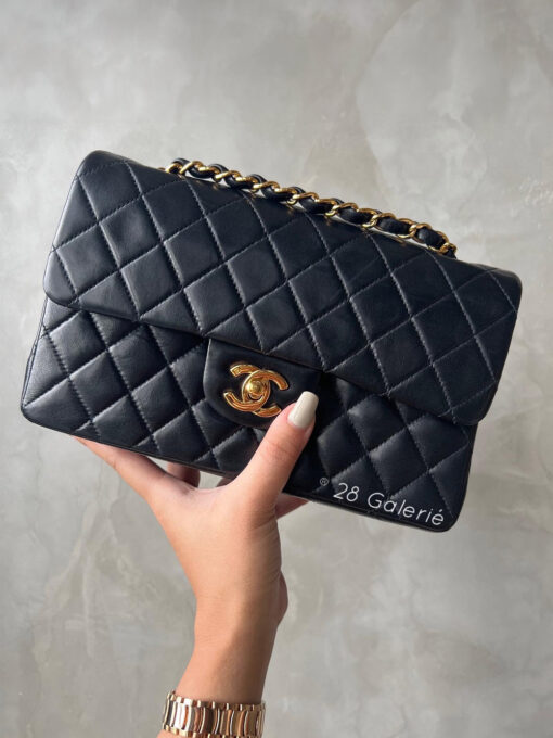 Chanel Black Vintage Small Classic Flap in Lambskin Leather and Gold Hardware