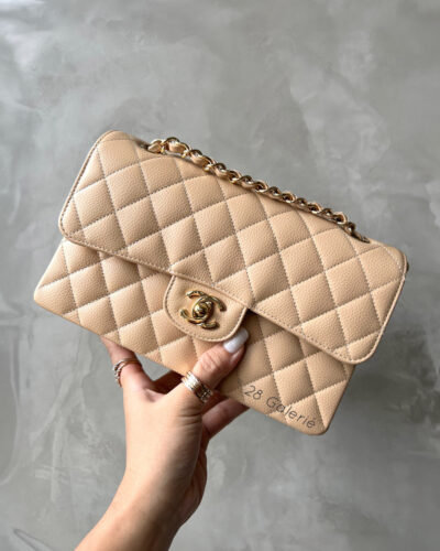 Chanel Small Beige Claire Classic Flap in Caviar Leather and Gold Hardware