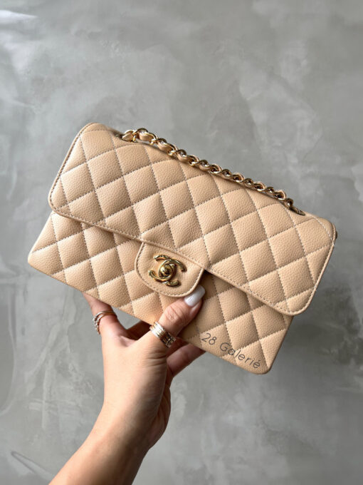 Chanel Small Beige Claire Classic Flap in Caviar Leather and Gold Hardware