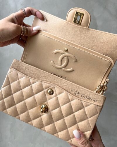 Chanel Small Beige Claire Classic Flap in Caviar Leather and Gold Hardware