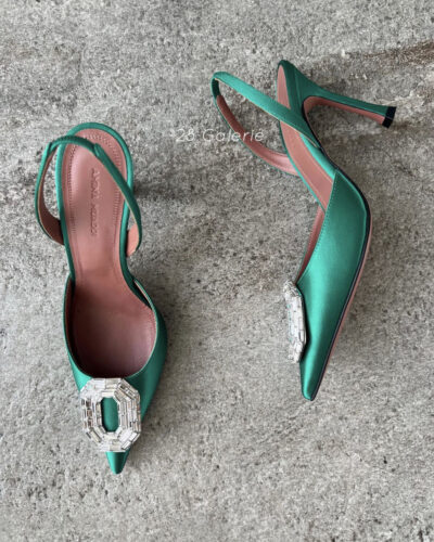 Amina Muaddi Emerald Green Camelia Crystal Embellished Satin 90 Slingbacks