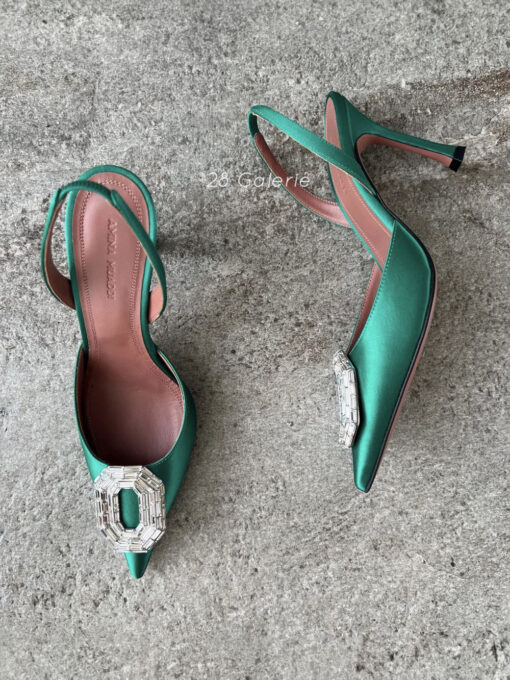 Amina Muaddi Emerald Green Camelia Crystal Embellished Satin 90 Slingbacks