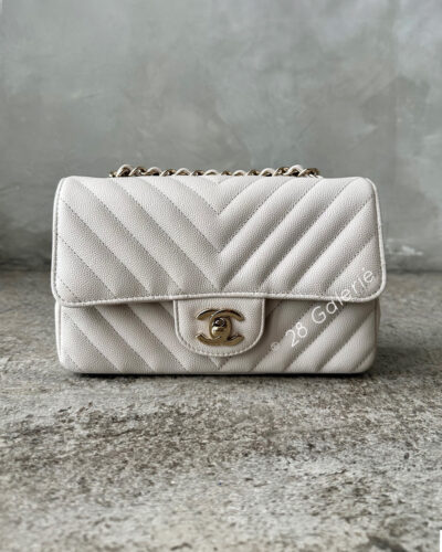 Chanel 18B Ivory Mini Rectangular Flap in Chevron Quilting, Caviar Leather & Light Gold Hardware