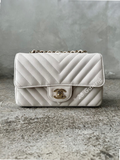 Chanel 18B Ivory Mini Rectangular Flap in Chevron Quilting, Caviar Leather & Light Gold Hardware