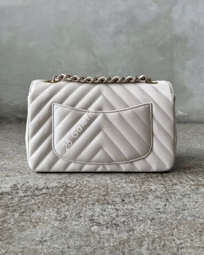 Chanel 18B Ivory Mini Rectangular Flap in Chevron Quilting, Caviar Leather & Light Gold Hardware