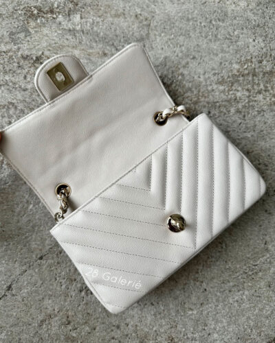 Chanel 18B Ivory Mini Rectangular Flap in Chevron Quilting, Caviar Leather & Light Gold Hardware