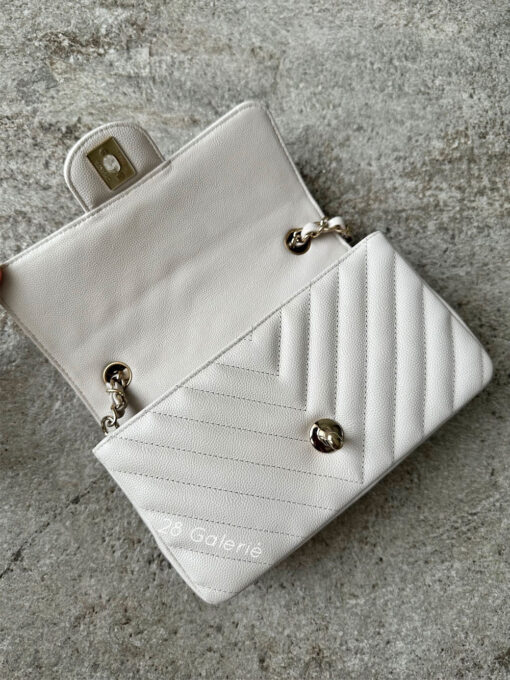 Chanel 18B Ivory Mini Rectangular Flap in Chevron Quilting, Caviar Leather & Light Gold Hardware