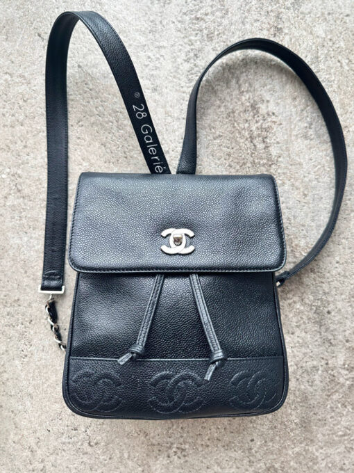 Chanel Vintage Small Black Backpack in Caviar Leather and Silver Hardware