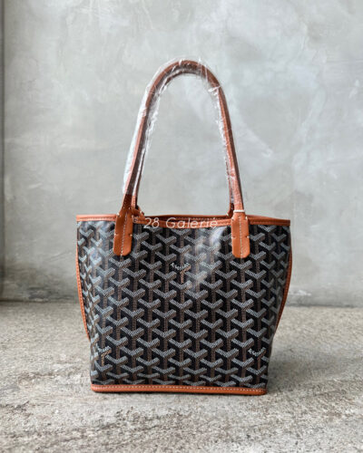 Goyard Mini Anjou Reversible Tote in Black/Tan Goyardine Canvas and Calfskin Leather with Silver Hardware