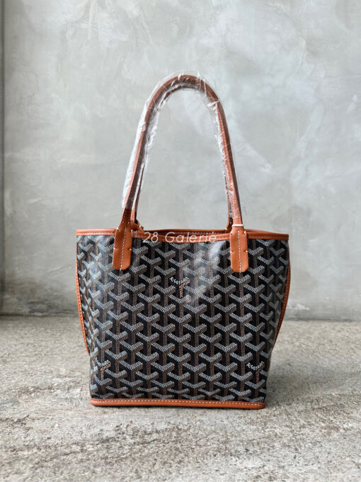 Goyard Mini Anjou Reversible Tote in Black/Tan Goyardine Canvas and Calfskin Leather with Silver Hardware