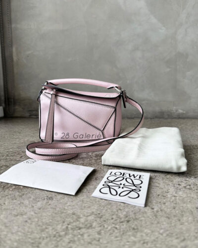 Loewe Mini Pink Puzzle Bag in Classic Calfskin Leather and Silver Hardware