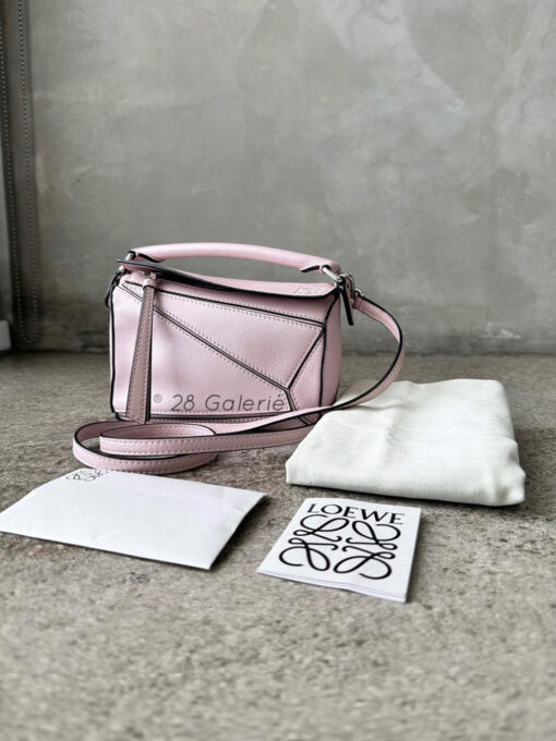 Loewe Mini Pink Puzzle Bag in Classic Calfskin Leather and Silver Hardware