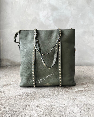 Valentino Rockstud Green Tote in Calfskin Leather and Silver Hardware