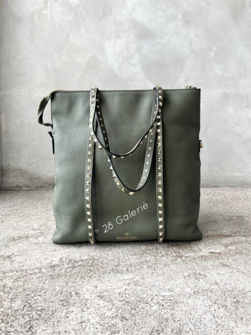 Valentino Rockstud Green Tote in Calfskin Leather and Silver Hardware