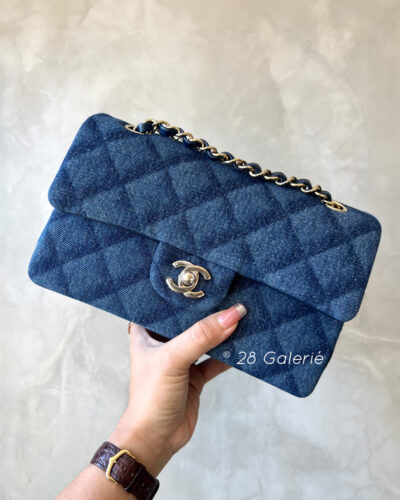 Chanel F/W 2022 Dark Blue Printed Denim Classic Small Double Flap