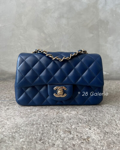 Chanel Navy Blue Mini Rectangular Flap in Caviar Leather and Gold Hardware