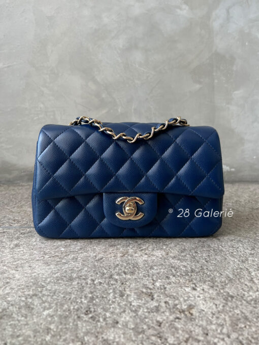 Chanel Navy Blue Mini Rectangular Flap in Caviar Leather and Gold Hardware