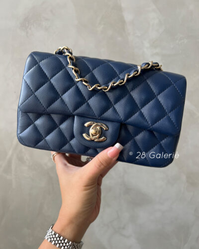 Chanel Navy Blue Mini Rectangular Flap in Caviar Leather and Gold Hardware