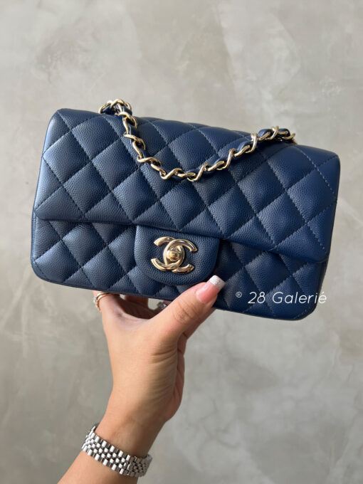 Chanel Navy Blue Mini Rectangular Flap in Caviar Leather and Gold Hardware