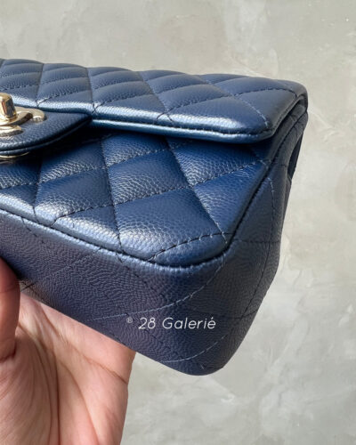 Chanel Navy Blue Mini Rectangular Flap in Caviar Leather and Gold Hardware