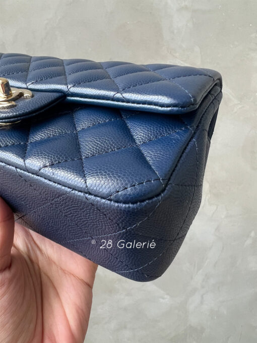 Chanel Navy Blue Mini Rectangular Flap in Caviar Leather and Gold Hardware