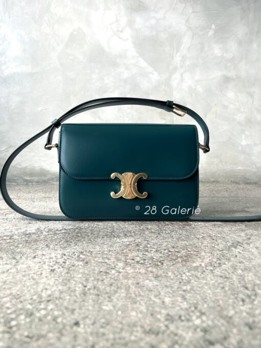 CELINE Amazone Green Classique Adjustable Triomphe Bag in Shiny Calfskin Leather and Gold Hardware