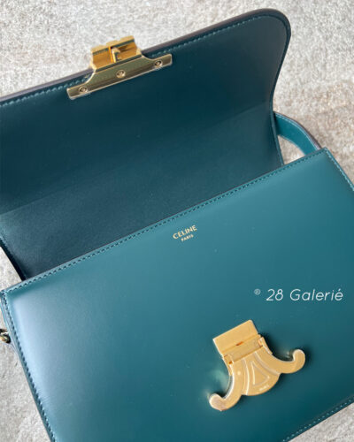 CELINE Amazone Green Classique Adjustable Triomphe Bag in Shiny Calfskin Leather and Gold Hardware