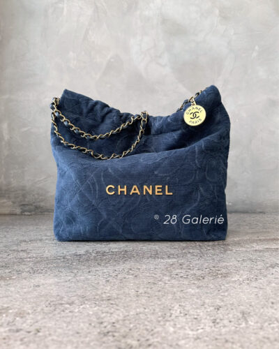 Chanel Dark Blue C22 Small Handbag in Camellia Print Denim and Gold-tone Metal Hardware