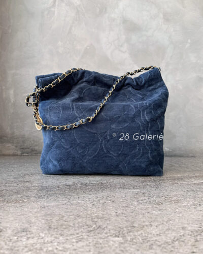 Chanel Dark Blue C22 Small Handbag in Camellia Print Denim and Gold-tone Metal Hardware